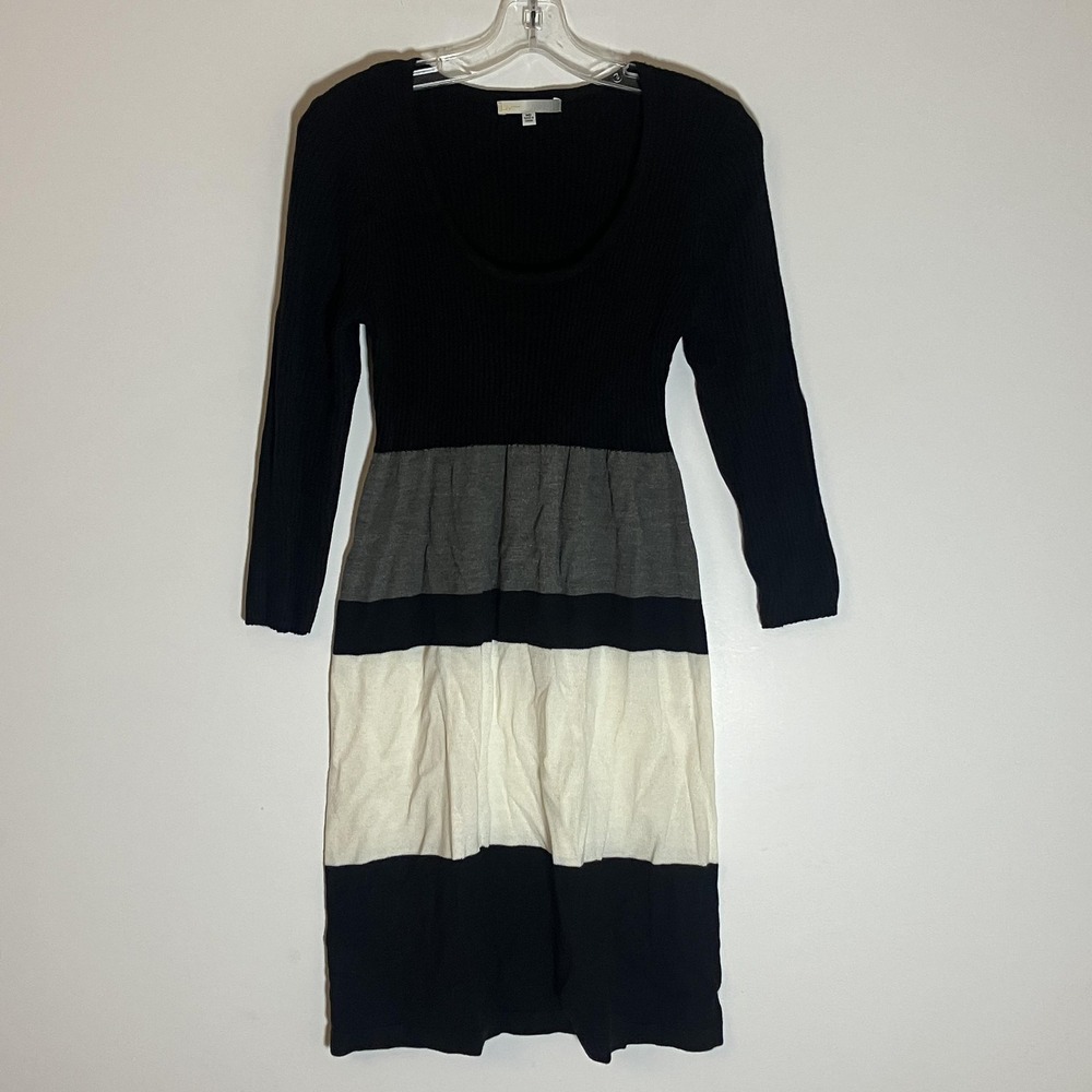 Liv Dress Womens Medium Black Gray Cream Colorblock Knit Sweater Long Sleeve M‎
